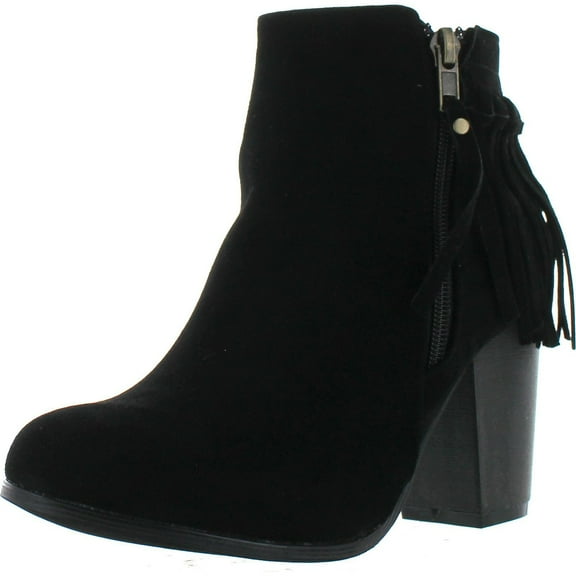 ADRIANA JUNIPER-55 Women's Chunky Heel Fringe Zipper Closure Ankle Booties, Black, 8.5