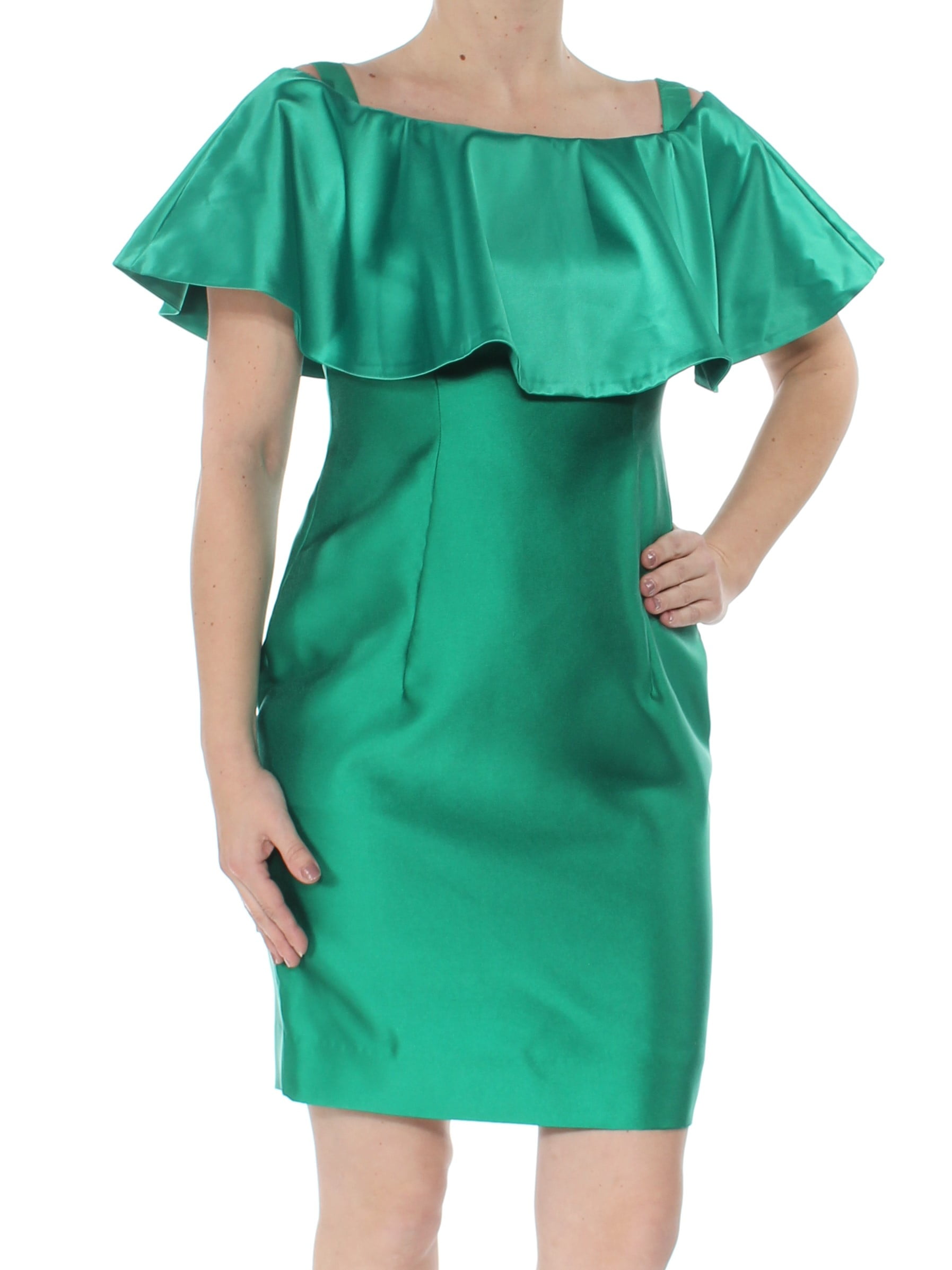 ADRIANNA PAPELL $149 Womens New 1063 Green Satin Ruffled Sheath Dress 2 B+B