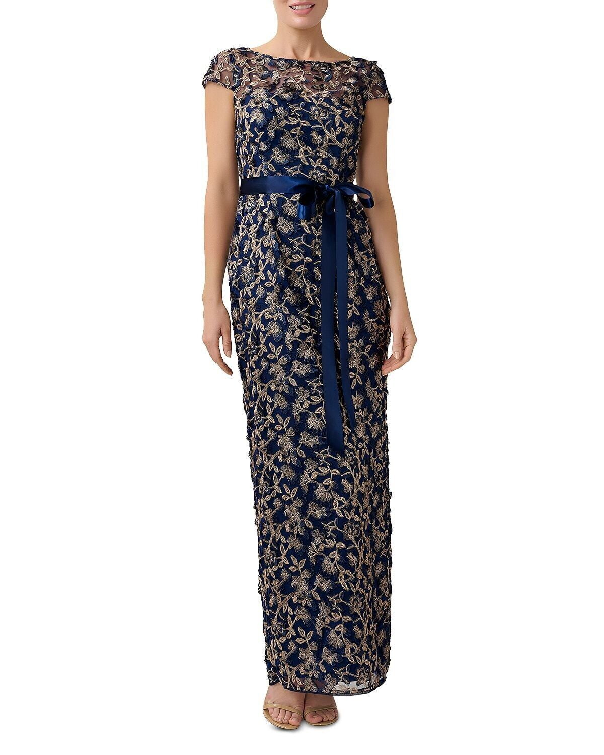 ADRIANNA PAPELL Cap Sleeve 3 D Embroidered Column Gown