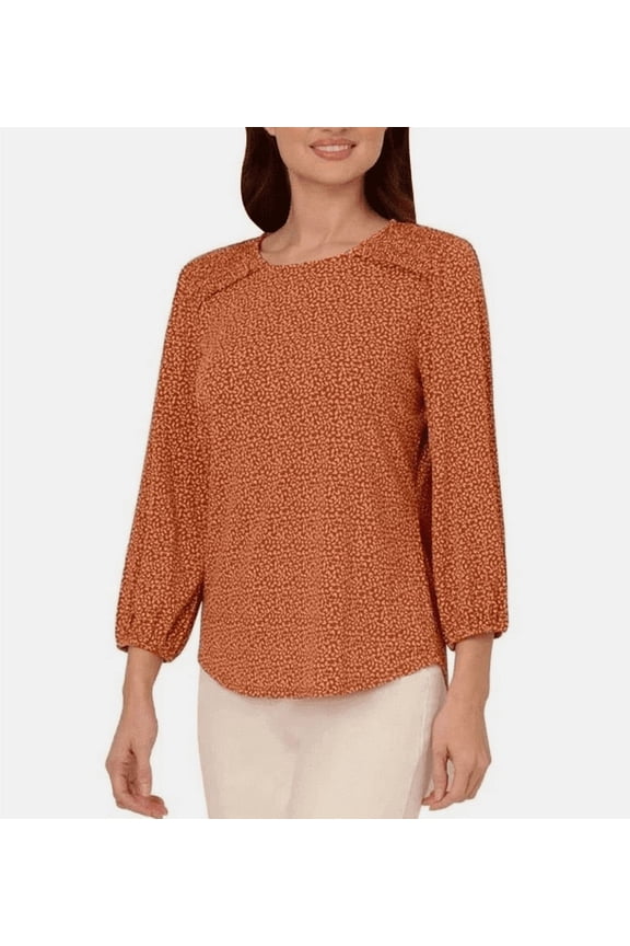 ORANGE PRINT 3/4 SLEEVE KNIT BLOUSE XL