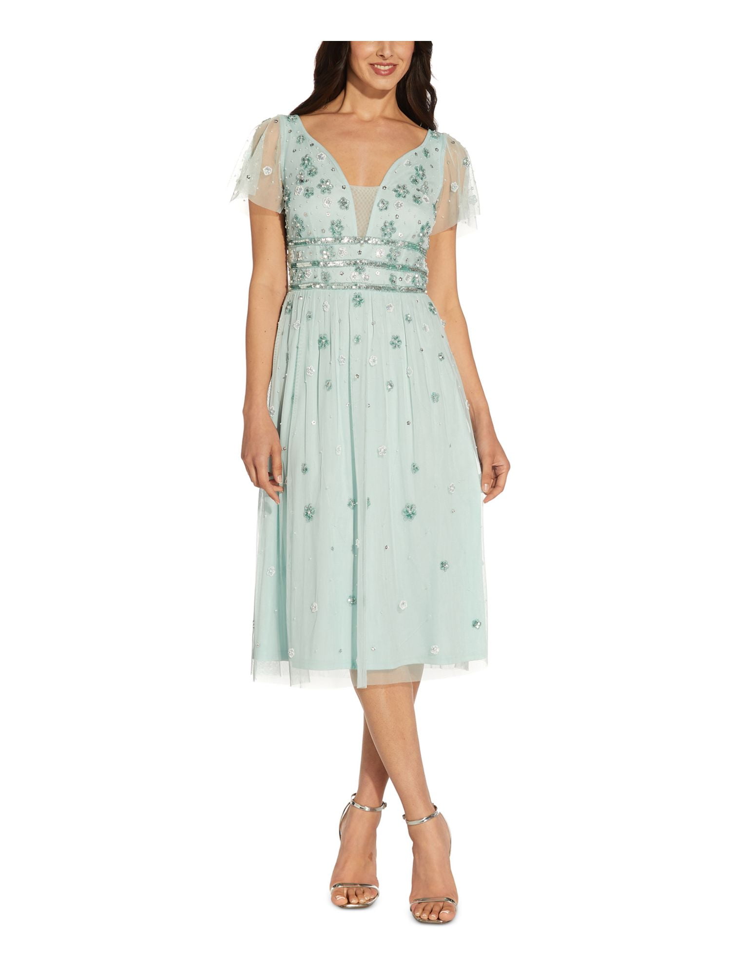 Adrianna Papell Aqua Flutter Sleeve Midi Dress, Sweetheart Neckline, Size  6, Formal Wedding Prom Party - Walmart.com