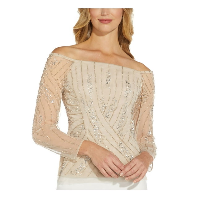 ADRIANNA PAPELL Womens Beige Beaded Sequined Lined Long Sleeve Off ...