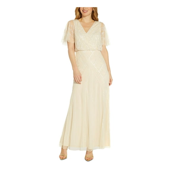 ADRIANNA PAPELL Womens Beige Zippered Open Back Lined Embellished Sheer Flutter Sleeve Surplice Neckline Full-Length Formal Gown Dress 4