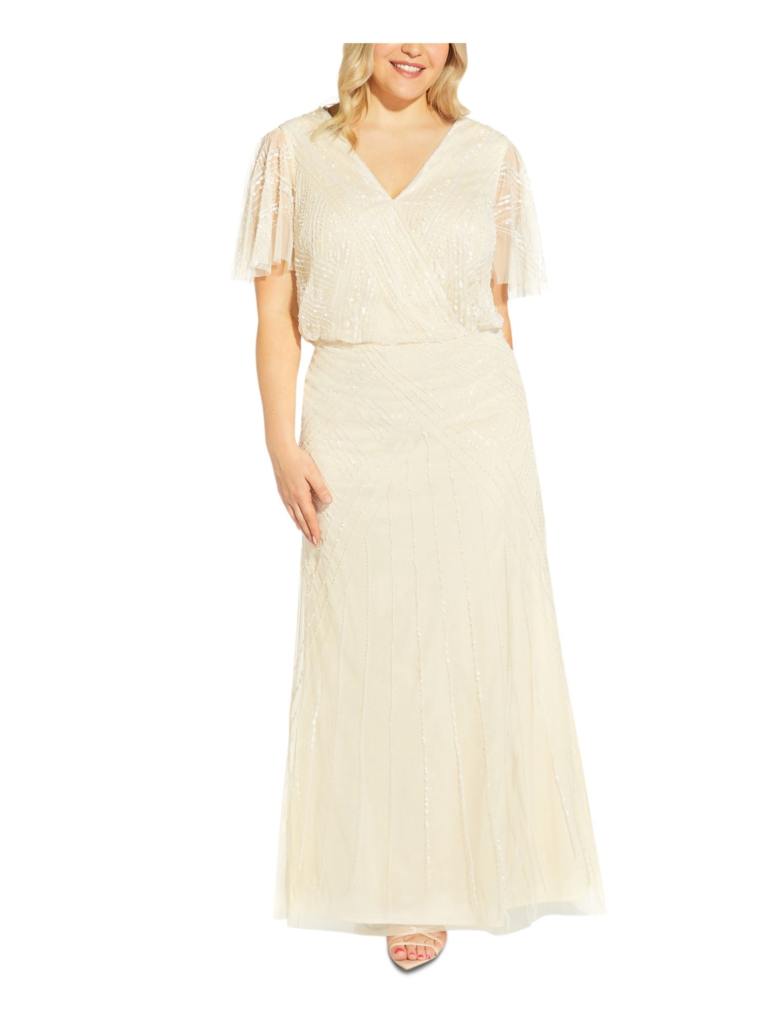 Adrianna Papell Plus Size Back-Cutout Beaded Gown - Sandshell - Size 16W