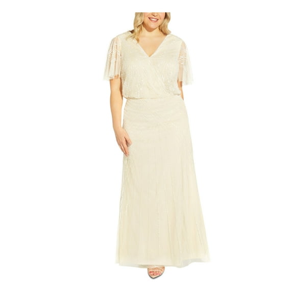 ADRIANNA PAPELL Womens Beige Zippered Open Back Lined Embellished Sheer Flutter Sleeve Surplice Neckline Full-Length Formal Gown Dress Plus 16W