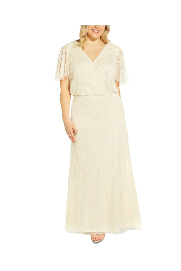 Womens Beige Zippered Open Back Lined Embellished Sheer Flutter Sleeve Surplice Neckline Full-Length Formal Gown Dress Plus 16W