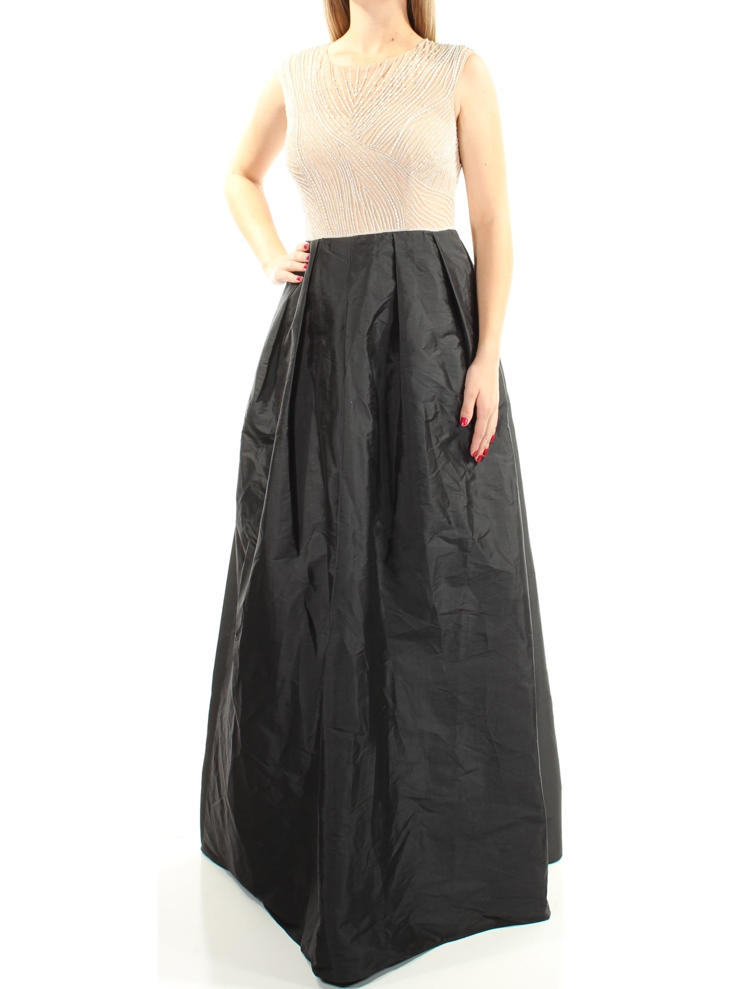 ADRIANNA PAPELL Womens Black Beaded Zippered Pleated Skirt Lined Color Block Sleeveless Jewel Neck Full Length Evening Fit Flare Dress 6 Walmart
