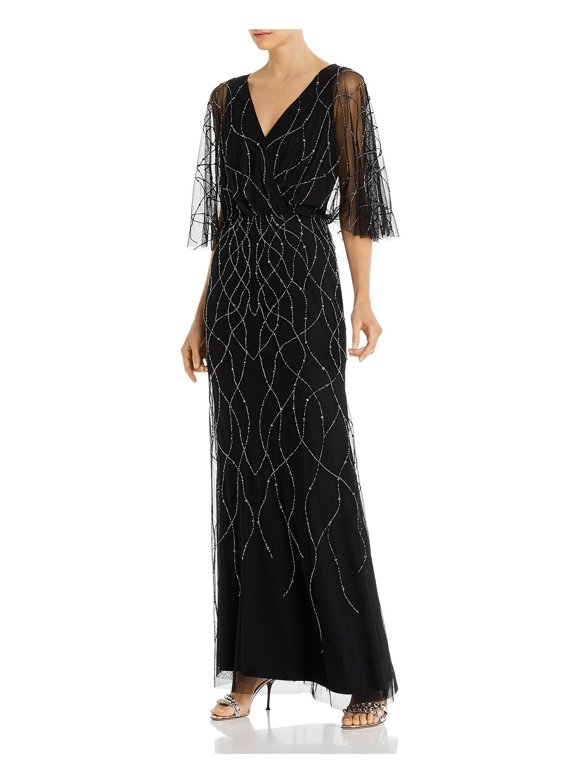 R&M Richards Women's Glitter Embellished Zippered Cap Sleeve Keyhole Maxi Mermaid Formal Dress Black Size 16