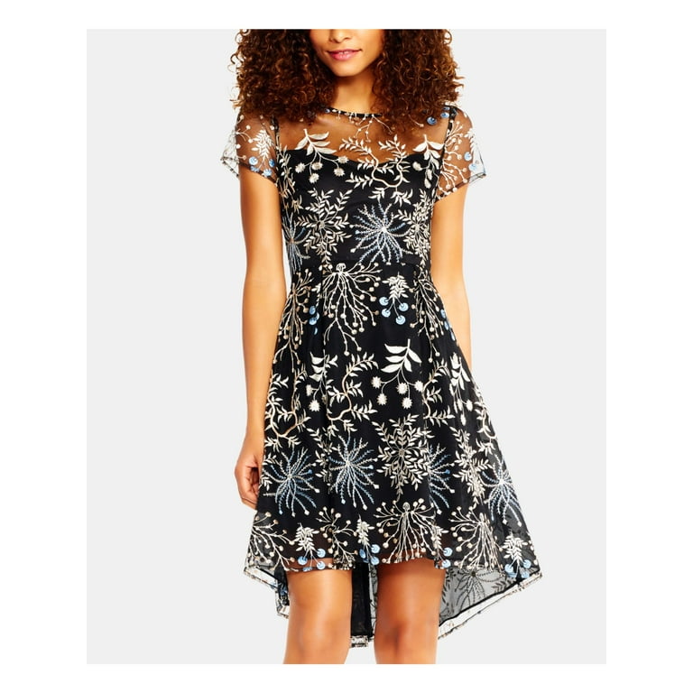 ADRIANNA PAPELL Womens Black Floral Short Sleeve Illusion Neckline