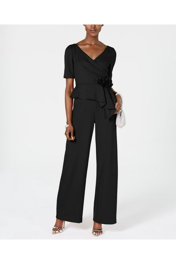 Womens Black Gathered Short Sleeve Surplice Neckline Cocktail Wide Leg Jumpsuit 4