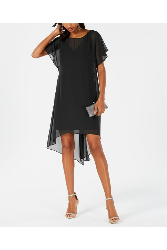 Womens Black Sheer Overlay Flutter Sleeve Illusion Neckline Midi Wear To Work Sheath Dress XS