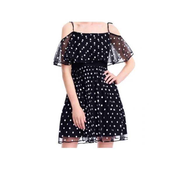 ADRIANNA PAPELL Womens Black Tie Sheer Polka Dot Short Sleeve Off Shoulder Knee Length Party Dress 10