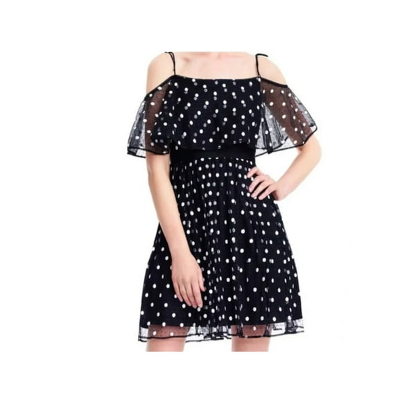 ADRIANNA PAPELL Womens Black Tie Sheer Polka Dot Short Sleeve Off Shoulder Knee Length Party Dress 10