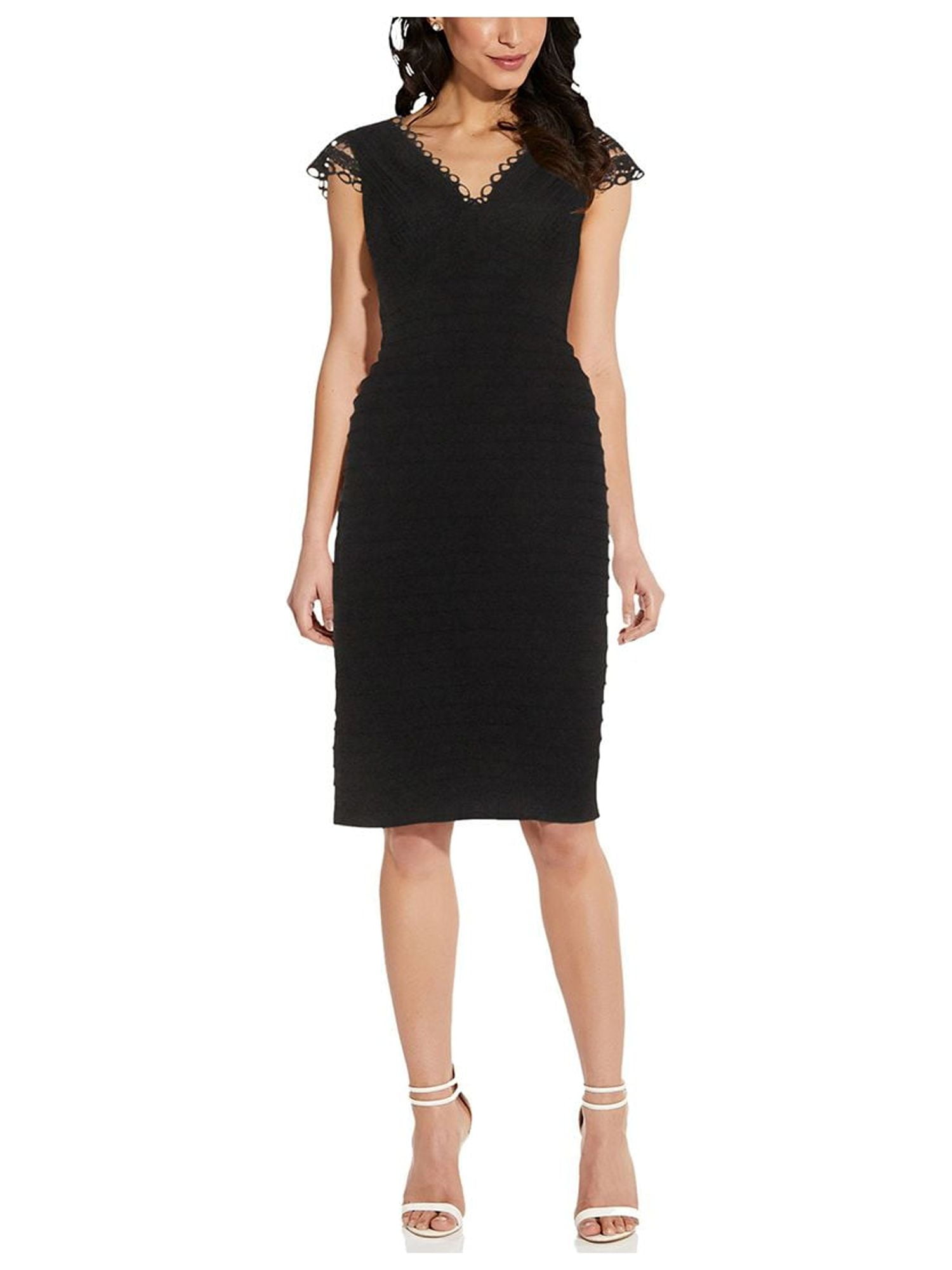 ADRIANNA PAPELL Womens Black Zippered Lace Pintuck Jersey Cap Sleeve V Neck Above The Knee Evening Sheath Dress 6