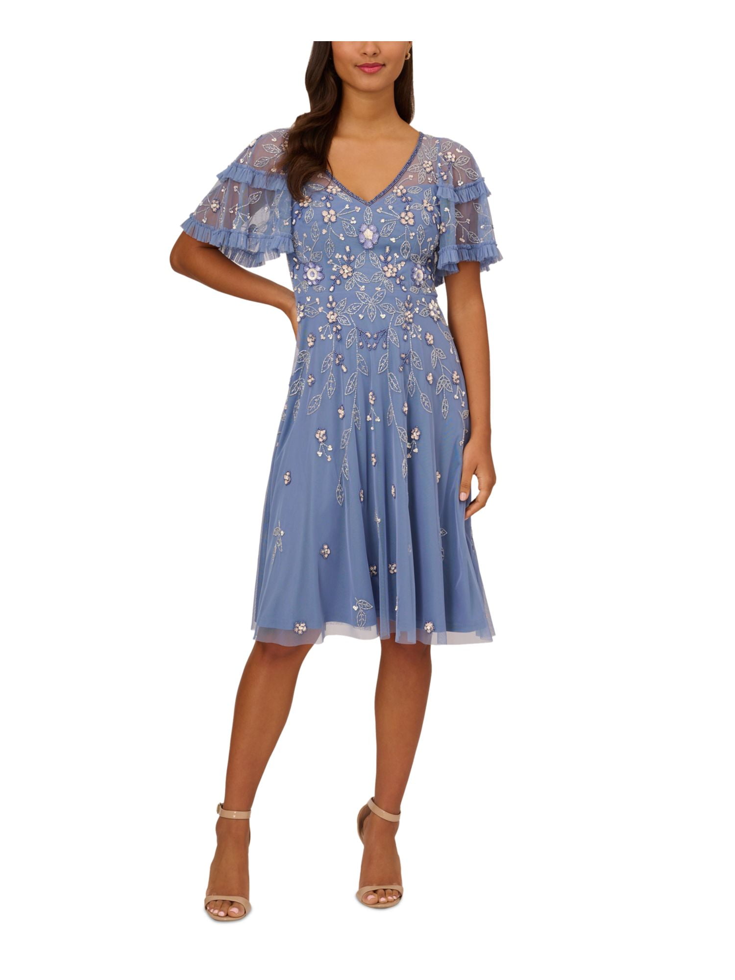 ADRIANNA PAPELL Womens Blue Beaded Ruffled Zippered Lined Sequined Short  Sleeve V Neck Knee Length Party Fit + Flare Dress 12 - Walmart.com