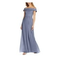 thumbnail image 1 of ADRIANNA PAPELL Womens Blue Pleated Zippered Chiffon Short Sleeve Off Shoulder Maxi Formal Fit + Flare Dress 6, 1 of 3