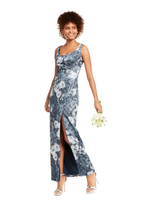 ADRIANNA PAPELL Womens Light Blue Ruched Zippered Slitted Pleated Sheer Lined Floral Flutter Sleeve Asymmetrical Neckline Full-Length Party Gown Dress