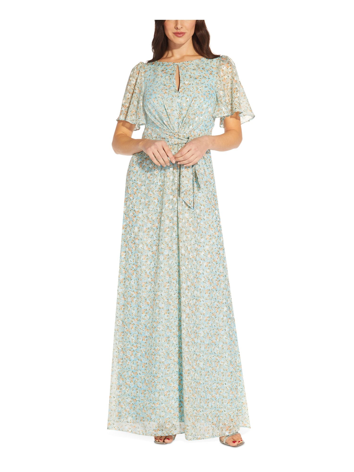 adrianna papell fit and flare floral dress Sleeveless Floral Jacquard High Low Gown In Burgundy Multi main image 0