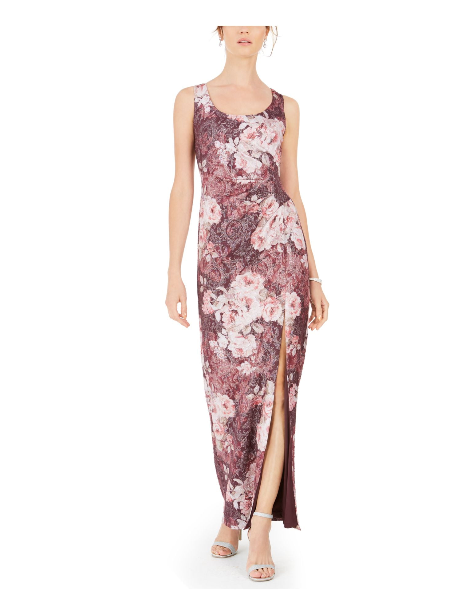 ADRIANNA PAPELL Womens Burgundy Slitted Floral Sleeveless Scoop Neck Maxi Evening Sheath Dress 10