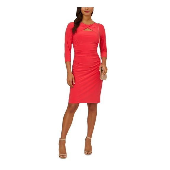 ADRIANNA PAPELL Womens Coral Cut Out Zippered Ruched Lined 3/4 Sleeve Round Neck Above The Knee Party Sheath Dress 10