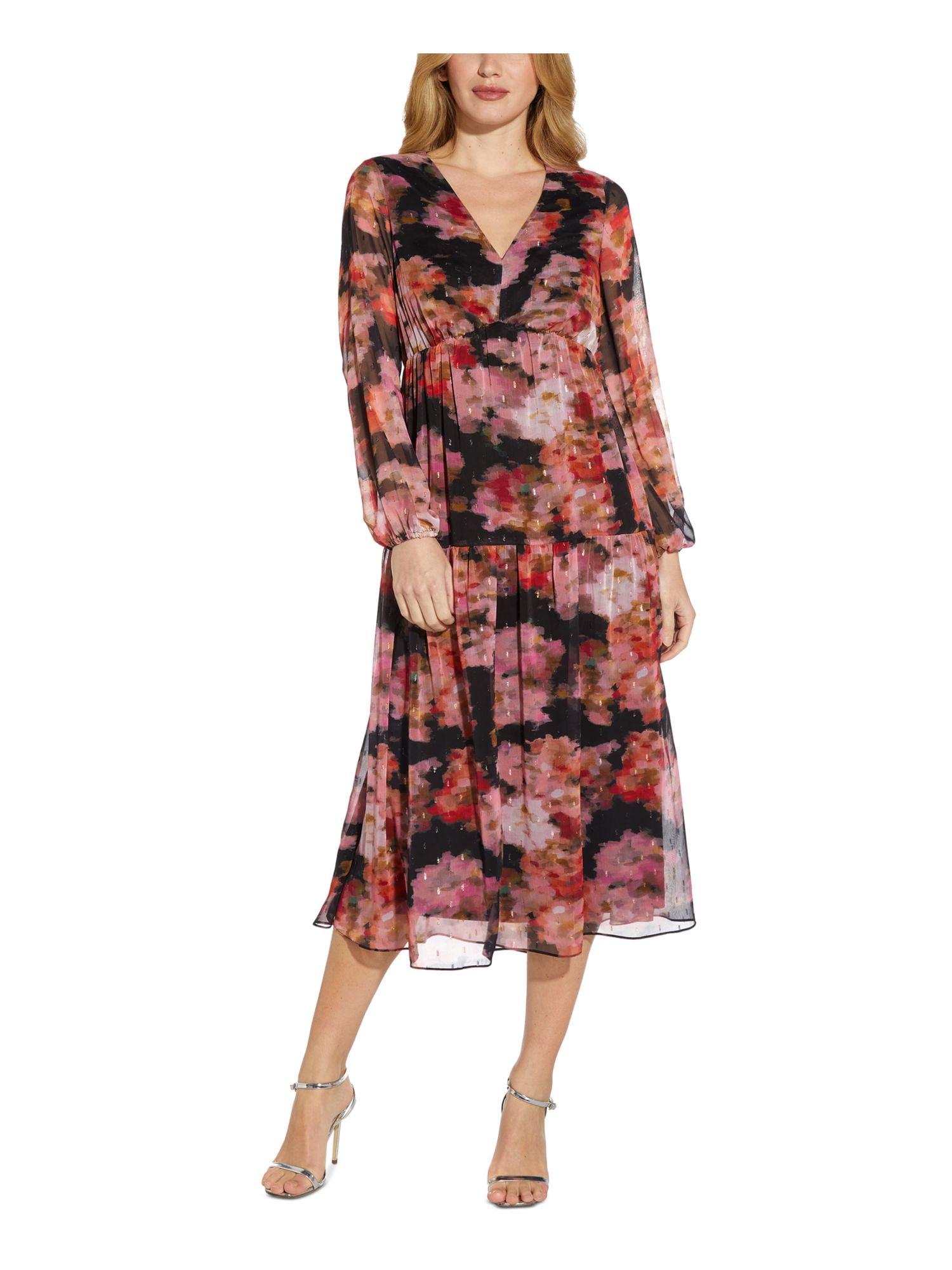 ADRIANNA PAPELL Womens Coral Metallic Sheer Lined Tiered Printed Blouson  Sleeve V Neck Midi Fit + Flare Dress 6 - Walmart.com