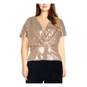 ADRIANNA PAPELL Womens Gold Embellished Metallic Foil-knit Short Sleeve Surplice Neckline Evening Wrap Top Petites 0P