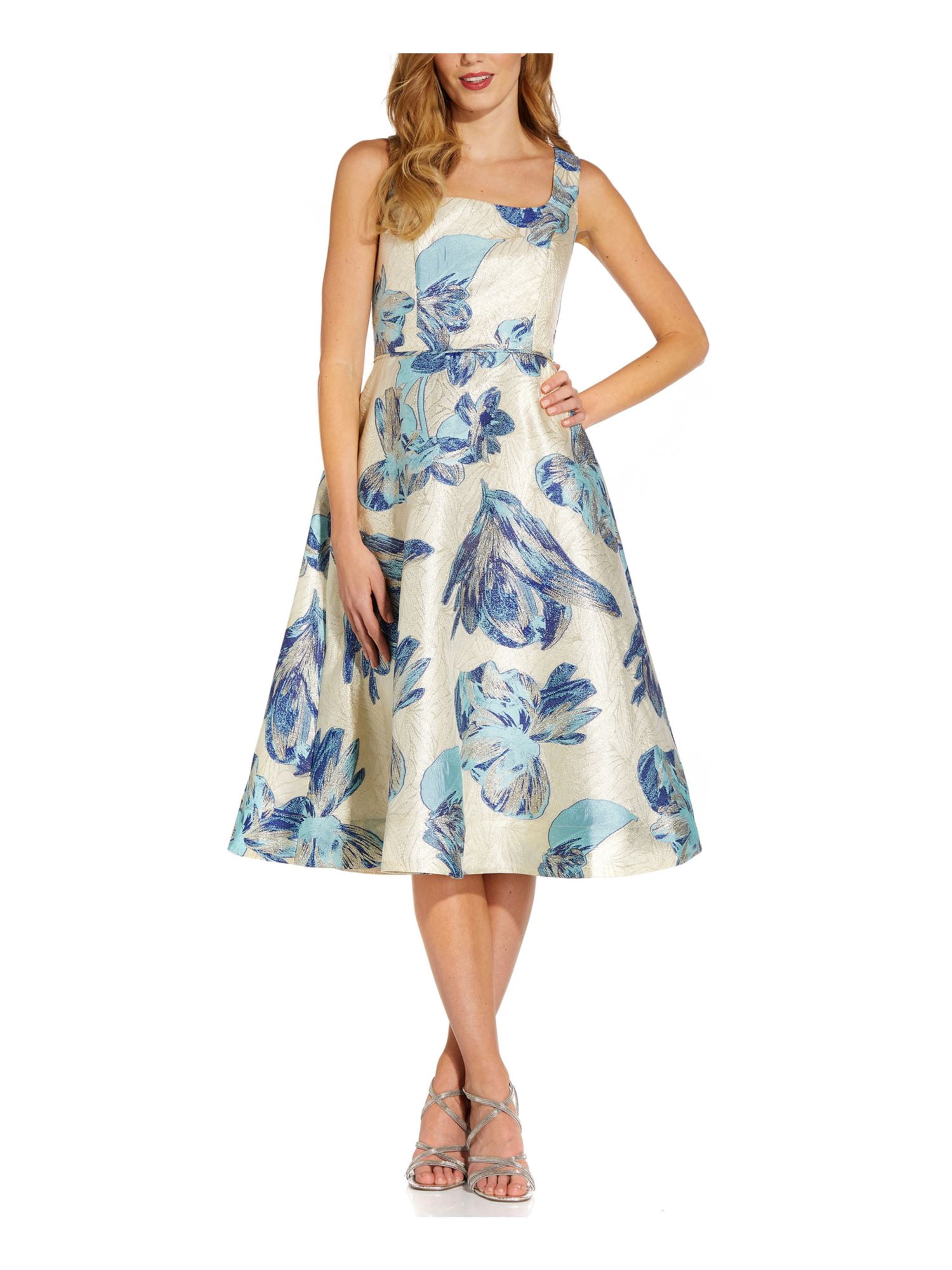 ADRIANNA PAPELL Womens Sleeveless Jewel Neck Full-Length Formal Fit + Flare Dress