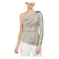 thumbnail image 1 of ADRIANNA PAPELL Womens Gold Textured Glitter Ruched Asymmetrical Hem Long Sleeve Asymmetrical Neckline Party Blouse 2, 1 of 5