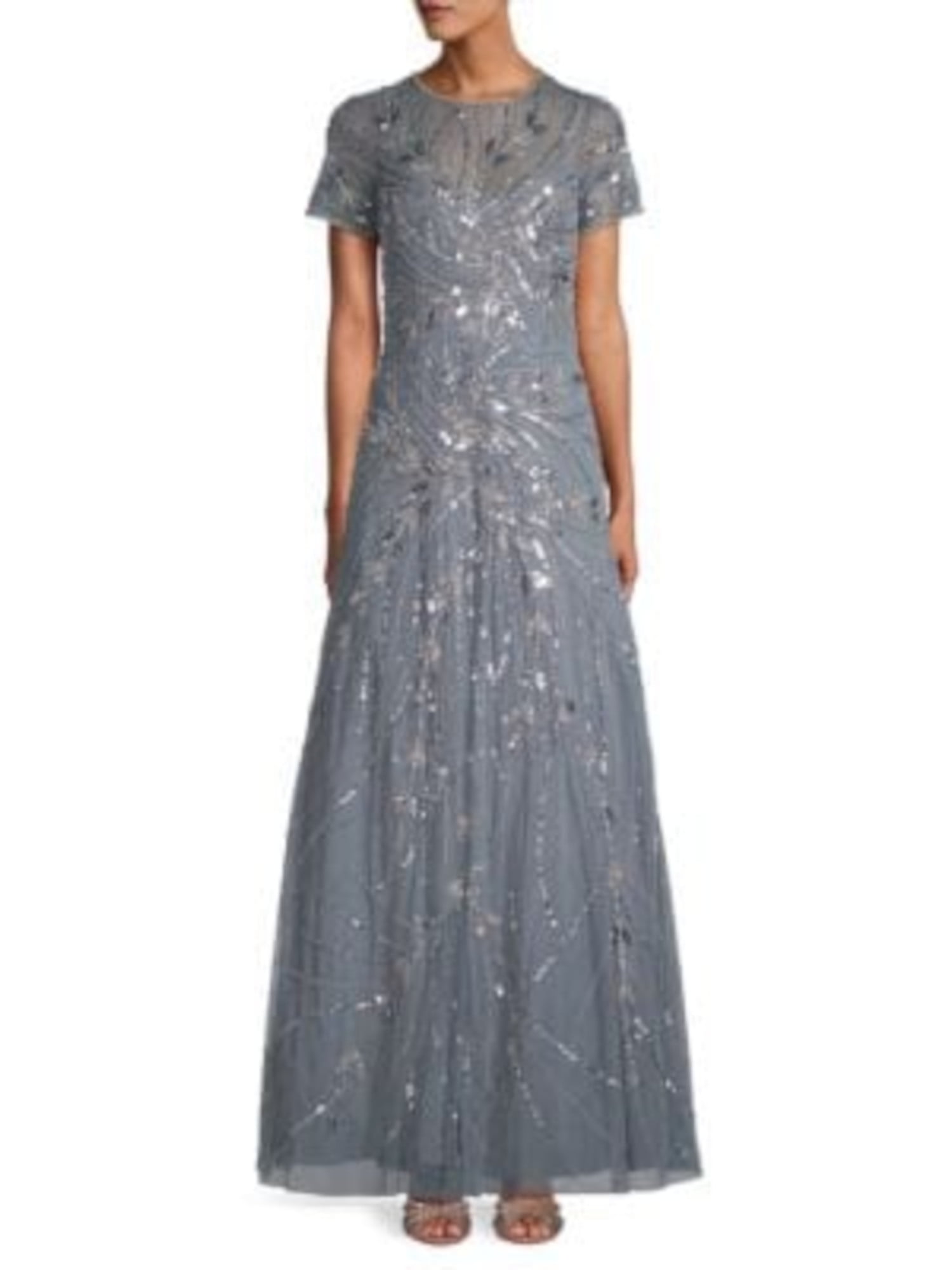ADRIANNA PAPELL Womens Gray Embellished Zippered Darted Sheer Pleated Lined Short Sleeve Boat Neck Full-Length Formal Gown Dress 8