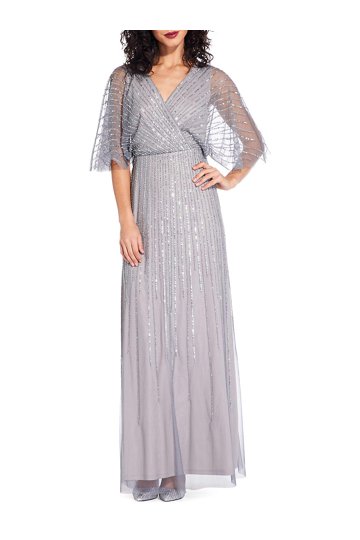 adrianna papell grey dress Jasmine Beaded Blouson Gown With Sheer Short Sleeves In Dusty Blue main image 1