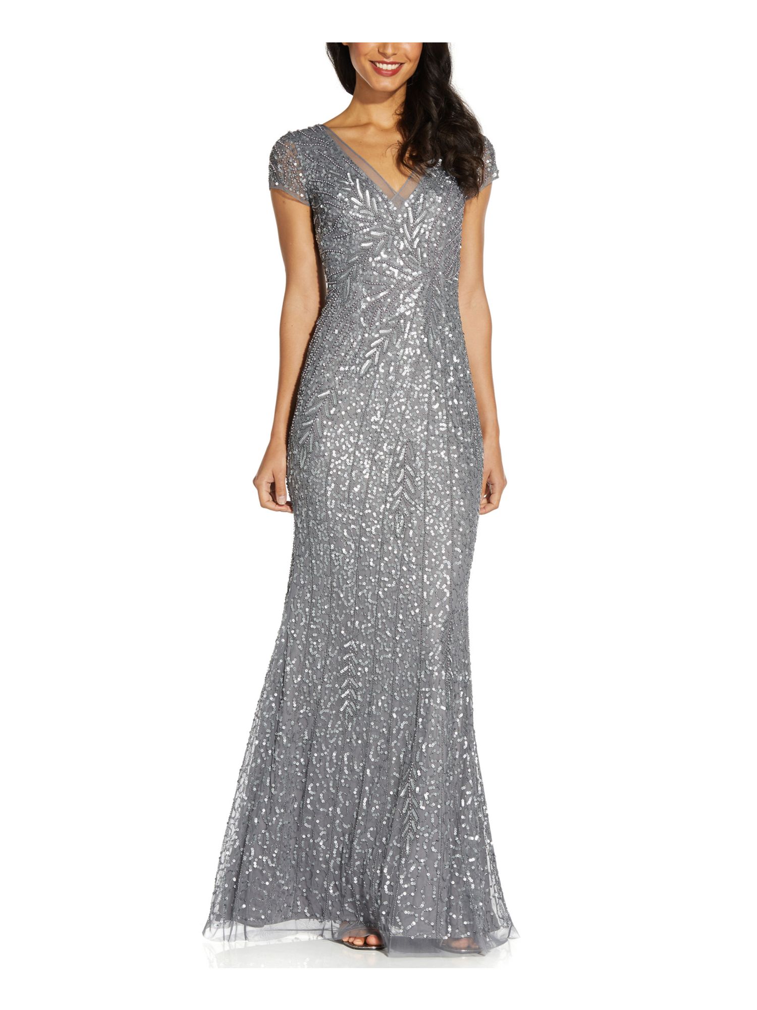 ADRIANNA PAPELL Womens Gray Sequined Zippered Beaded Lined Cap Sleeve V Neck Full Length Formal Mermaid Dress 4 Walmart