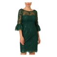 thumbnail image 1 of ADRIANNA PAPELL Womens Green Scalloped Zippered V-back Ruffled-cuffs Lined 3/4 Sleeve Boat Neck Above The Knee Party Sheath Dress 6, 1 of 2