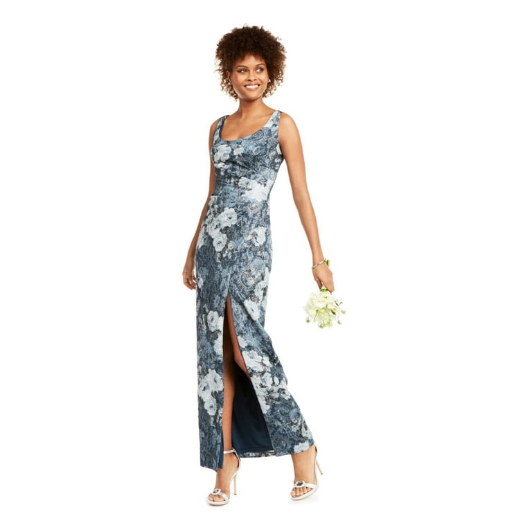 ADRIANNA PAPELL Womens Teal Slitted Floral Sleeveless Scoop Neck Maxi Evening Sheath Dress Petites 4P