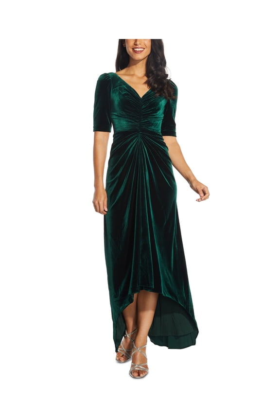 Womens Green Stretch Ruched Zippered Lined Elbow Sleeve V Neck Full-Length Formal Hi-Lo Dress 12