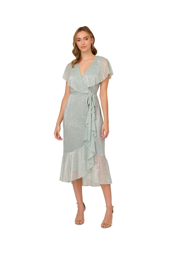 Womens Green Zippered Lined Metallic Belted Ruffled Capelet Floral Flutter Sleeve Surplice Neckline Midi Party Mermaid Dress 8