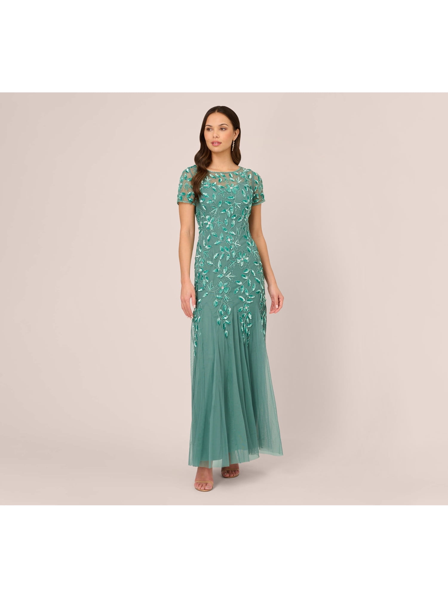 ADRIANNA PAPELL Womens Green Zippered Sheer Lined Godet Panels Short Sleeve  Illusion Neckline Full-Length Evening Gown Dress 8 - Walmart.com