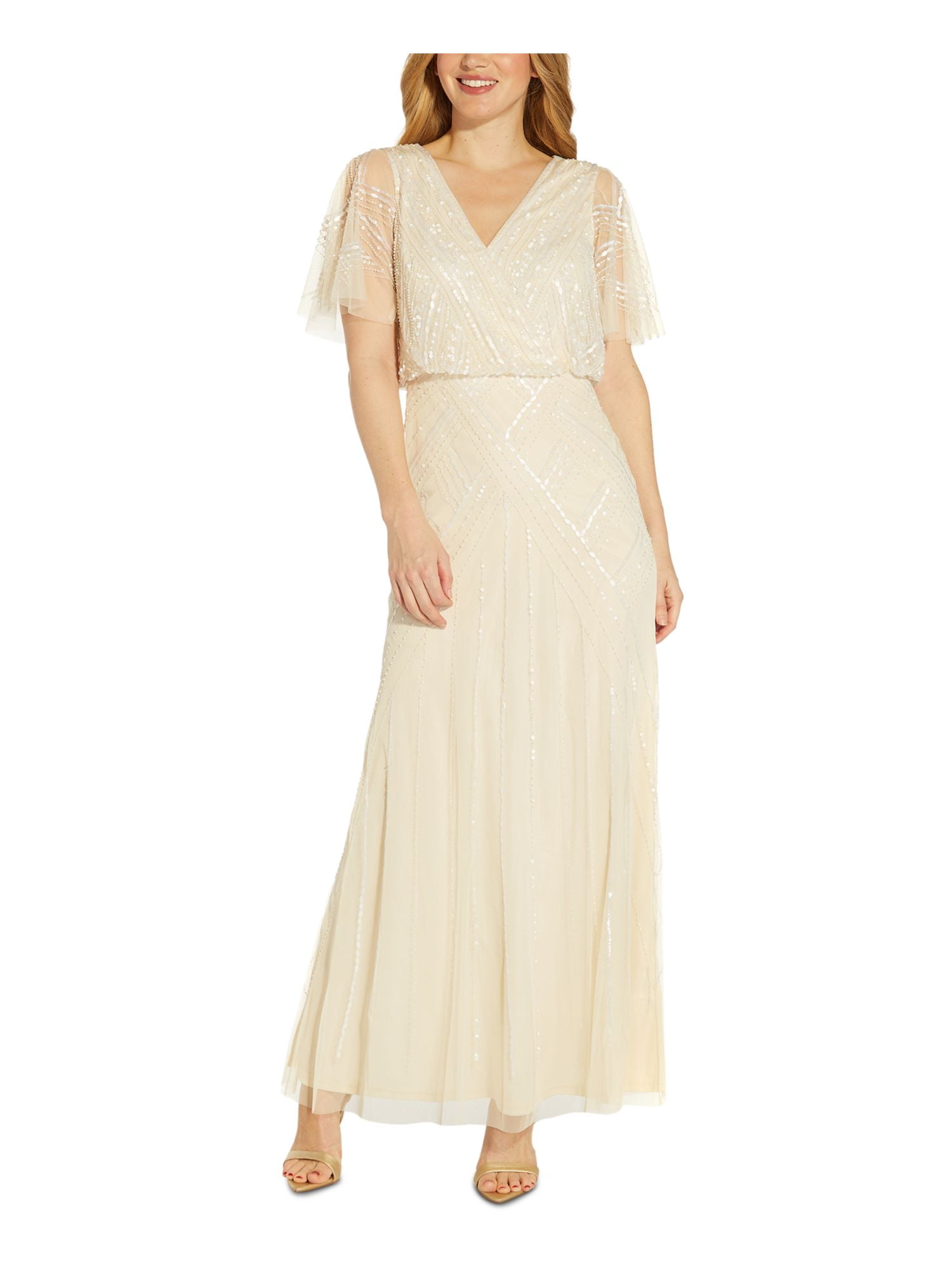 Adrianna Papell V Neck Beaded Flutter Sleeves Back Zipper Long Chiffon Dress-SANDSHELL  / 6 - Walmart.com