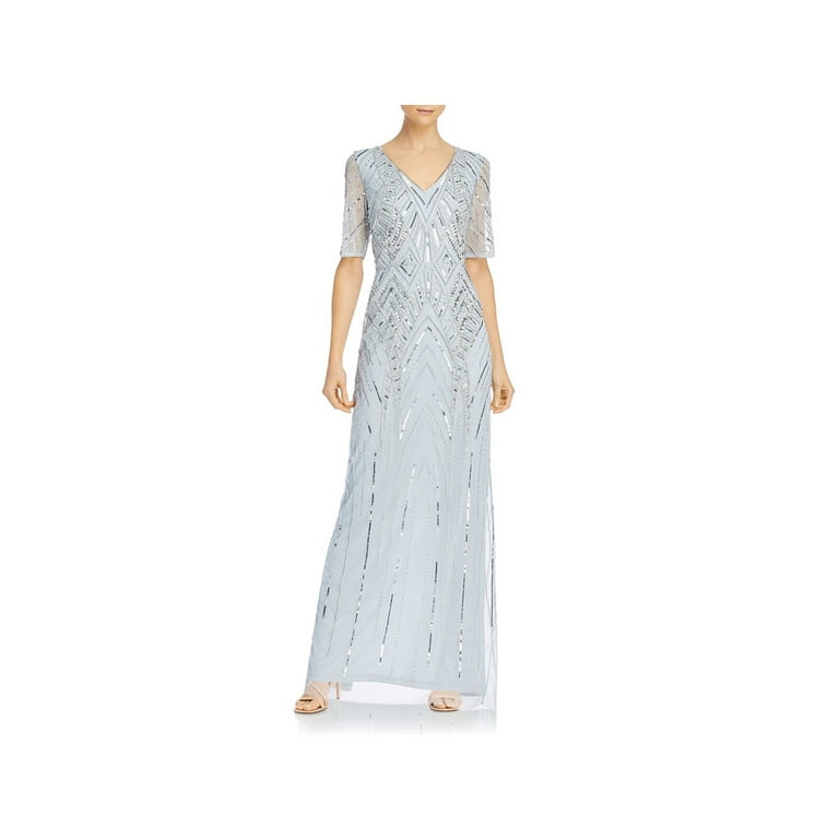 ADRIANNA PAPELL Womens Light Blue Embellished Zippered Lace Elbow Sleeve V Neck Maxi Formal Gown Dress 12