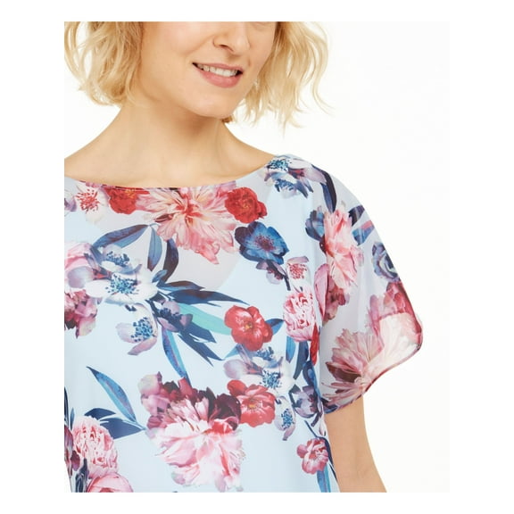 ADRIANNA PAPELL Womens Light Blue Floral Jewel Neck Tea-Length Hi-Lo Dress L