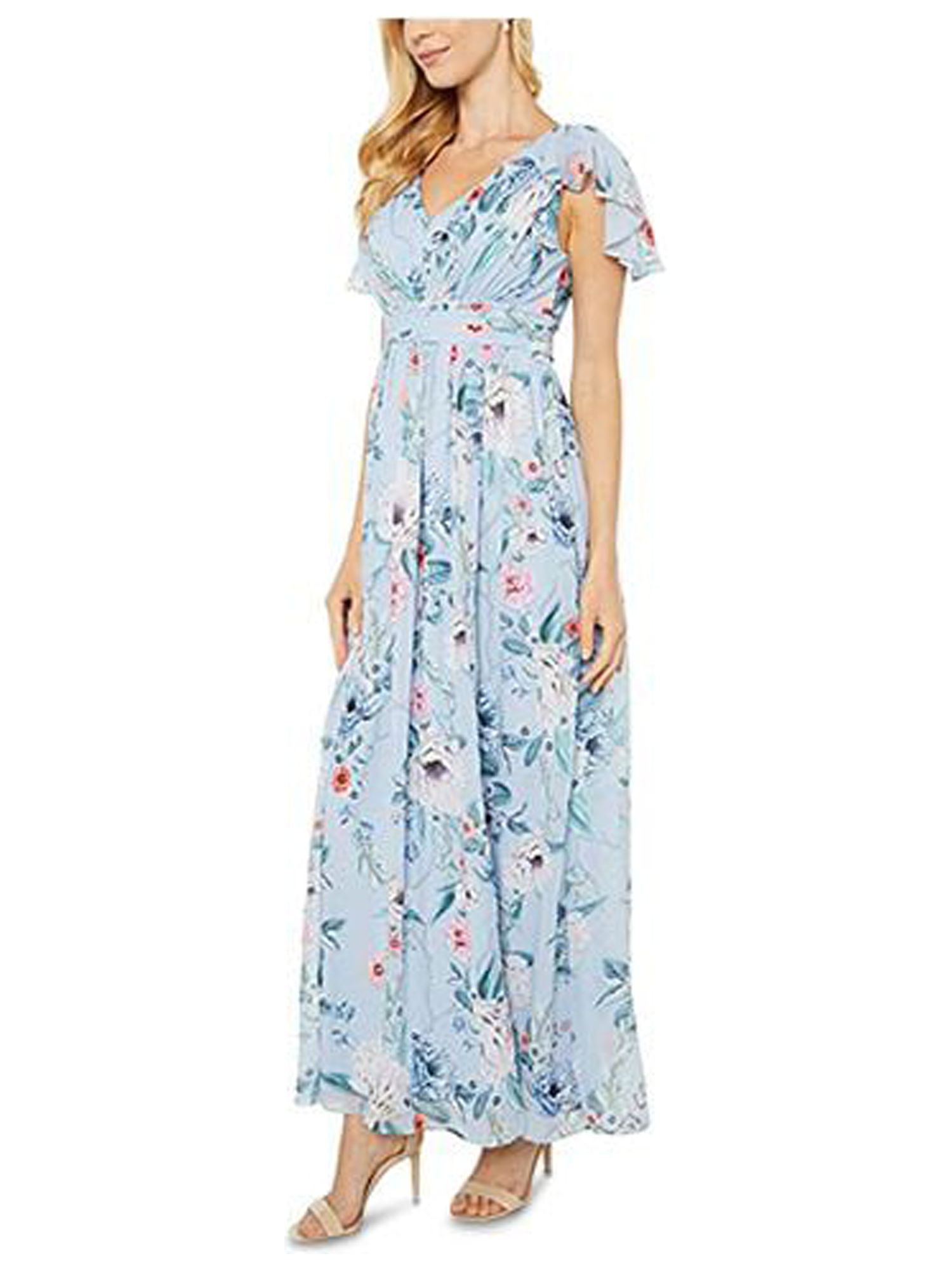 ADRIANNA PAPELL Womens Light Blue Pleated Zippered Chiffon Floral
