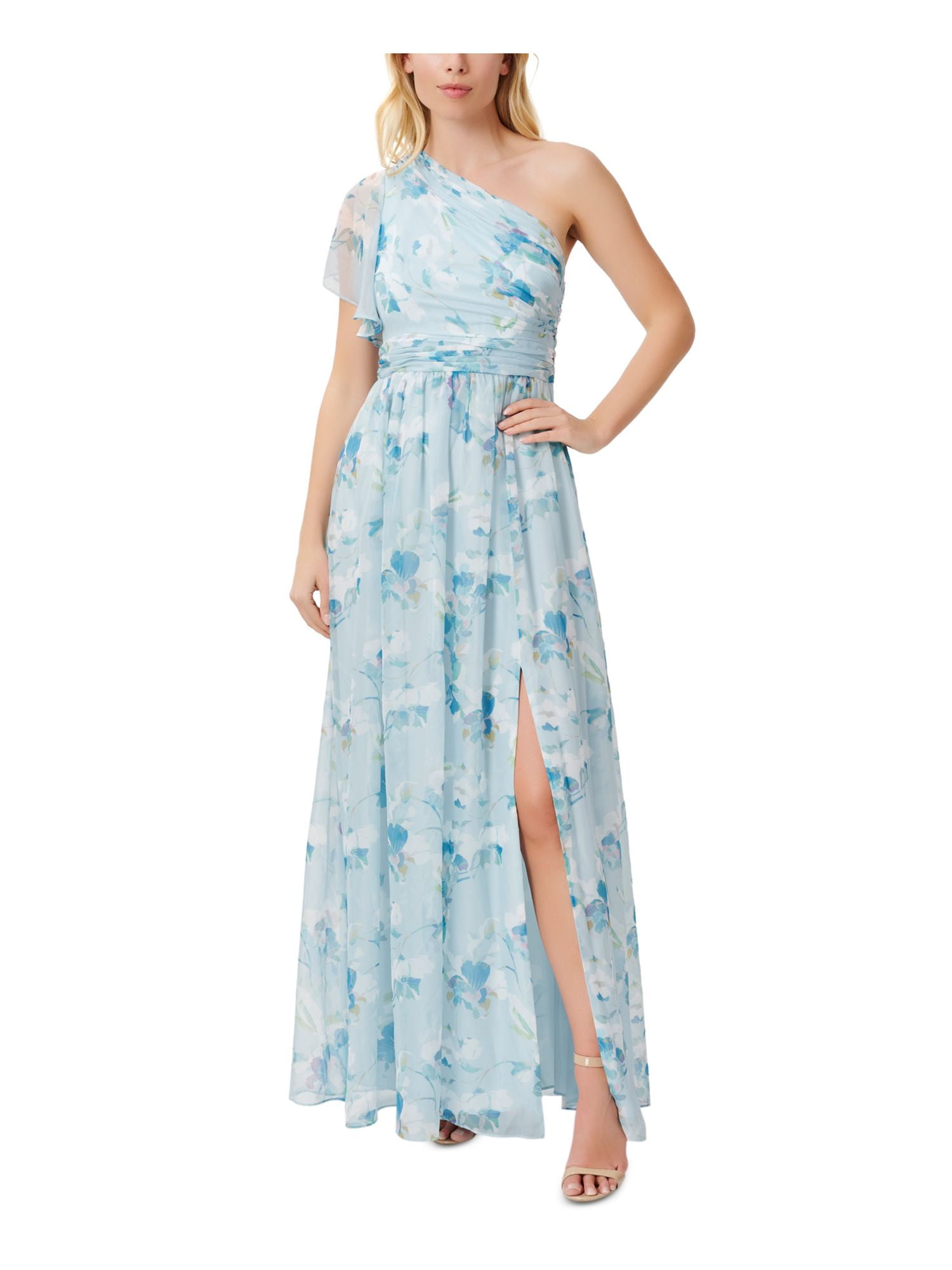 AQUA Womens Navy Cold Shoulder Ruffled Pleated Slitted Floral V Neck Full-Length Formal Empire Waist Dress main image 1