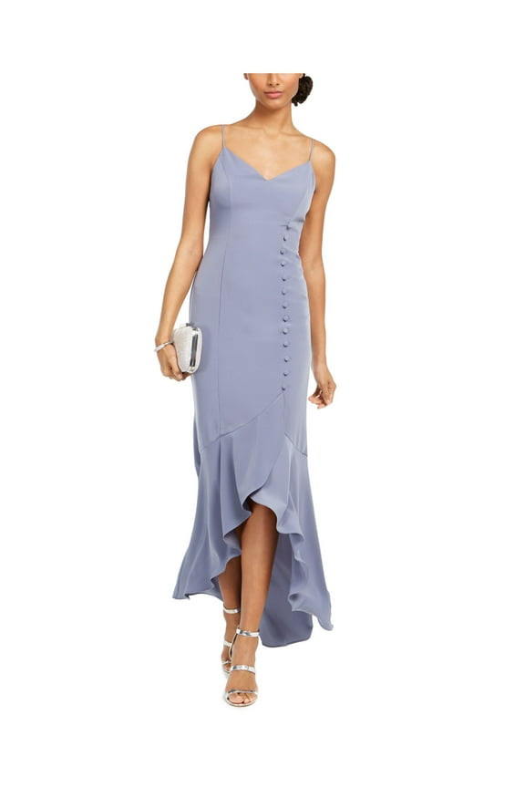 Womens Light Blue Ruffled Buttoned Spaghetti Strap V Neck Midi Party Mermaid Dress 6