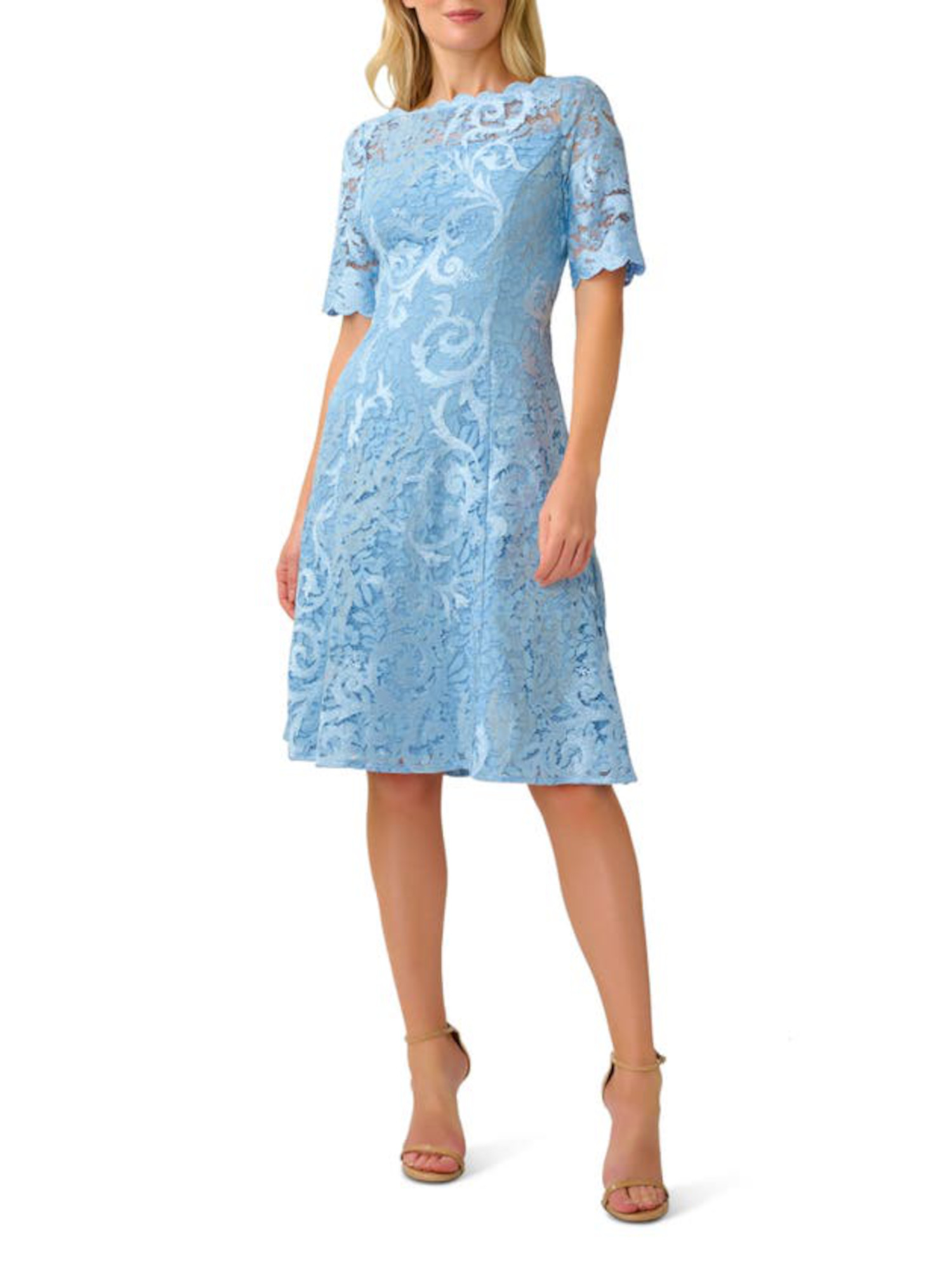 ADRIANNA PAPELL Womens Light Blue Scalloped Lace Zippered Lined Floral ...