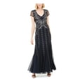 thumbnail image 1 of ADRIANNA PAPELL Womens Navy Beaded Cap Sleeve V Neck Full-Length Evening Fit + Flare Dress 10, 1 of 5