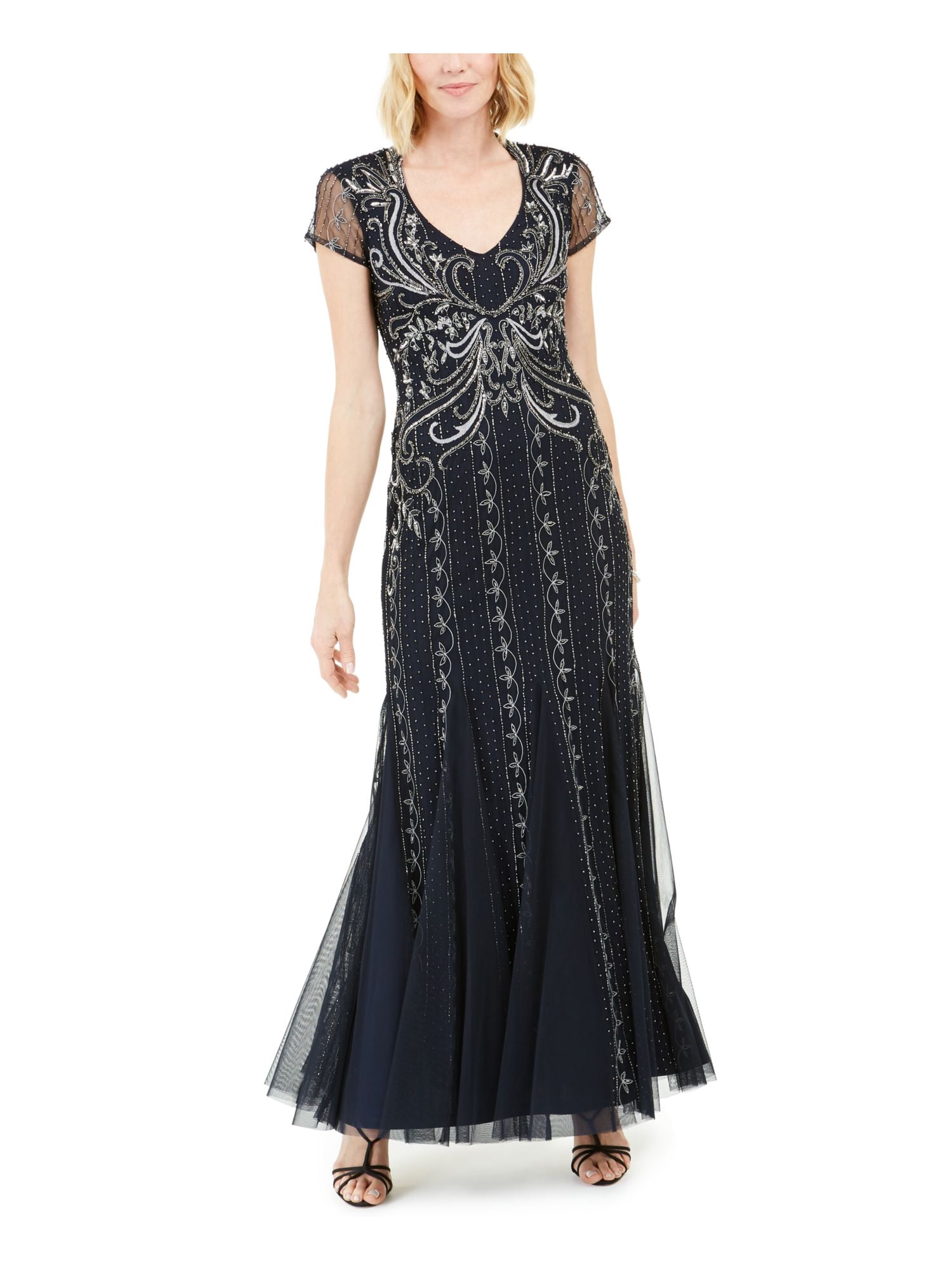 ADRIANNA PAPELL Womens Navy Beaded Cap Sleeve V Neck Full-Length Evening Fit + Flare Dress 4 - Walmart Business Supplies ADRIANNA PAPELL Womens Navy Beaded Cap Sleeve V Neck Full-Length Evening Fit + Flare Dress 4 - Walmart Business Supplies
