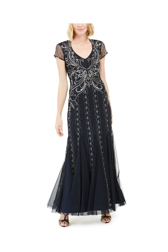 ADRIANNA PAPELL Womens Navy Beaded Cap Sleeve V Neck Full-Length Evening Fit + Flare Dress 4