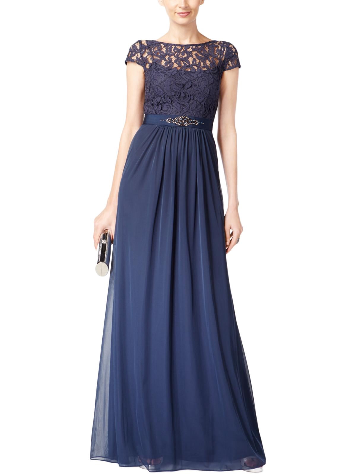 ADRIANNA PAPELL Womens Navy Lace Embellished Cap Sleeve Boat Neck  Full-Length Evening Pleated Dress 6 - Walmart.com