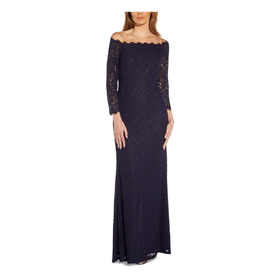 ADRIANNA PAPELL Womens Navy Lace Zippered Lined Long Sleeve Strapless Full-Length Cocktail Sheath Dress 8