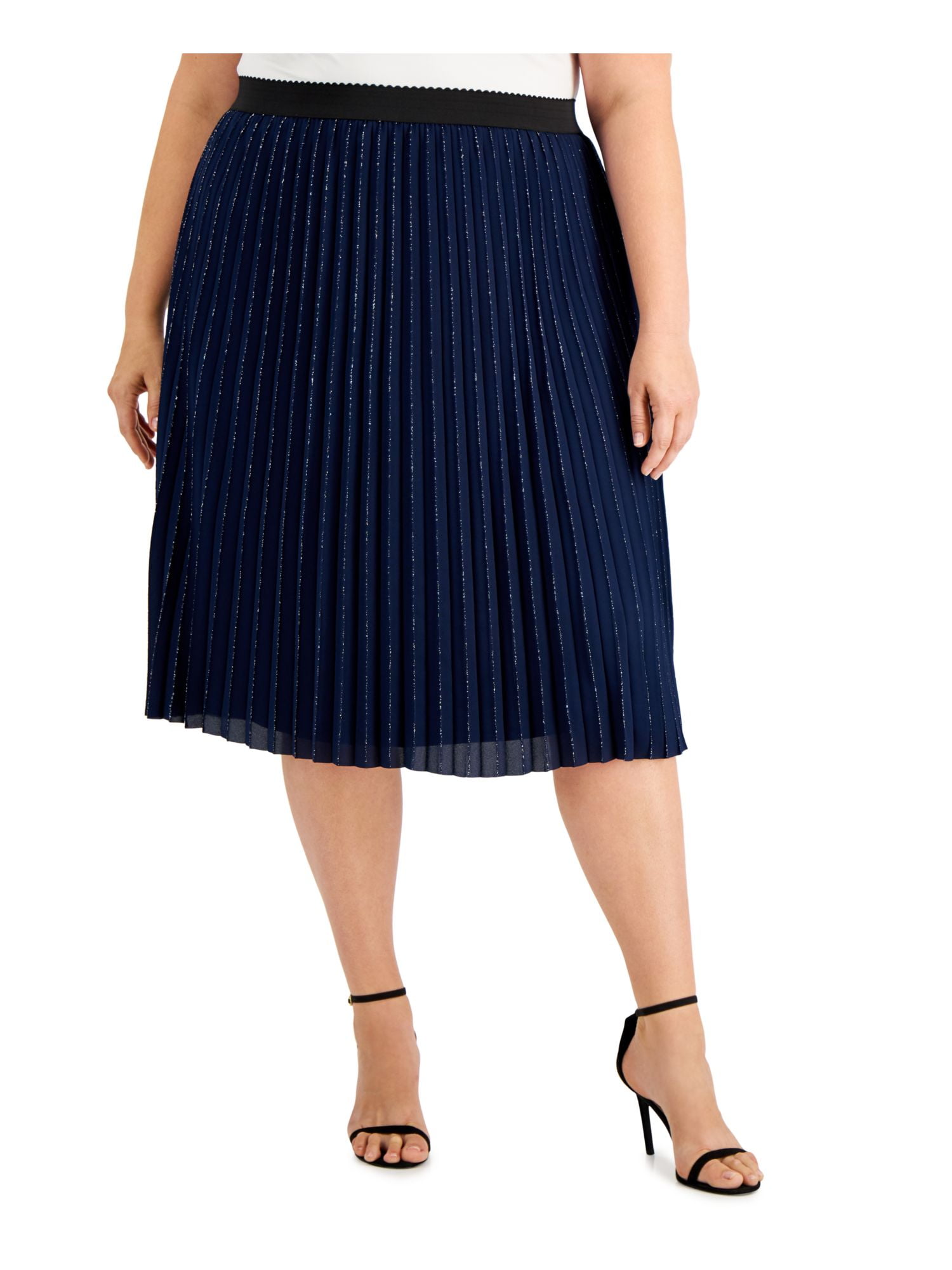 ADRIANNA PAPELL Womens Navy Metallic Pull On Styling Tea Length Cocktail Pleated Skirt Plus 22W Walmart