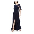 thumbnail image 1 of ADRIANNA PAPELL Womens Navy Ruched Embellished Slitted Cape Jewel Neck Full-Length Evening Fit + Flare Dress 8, 1 of 5